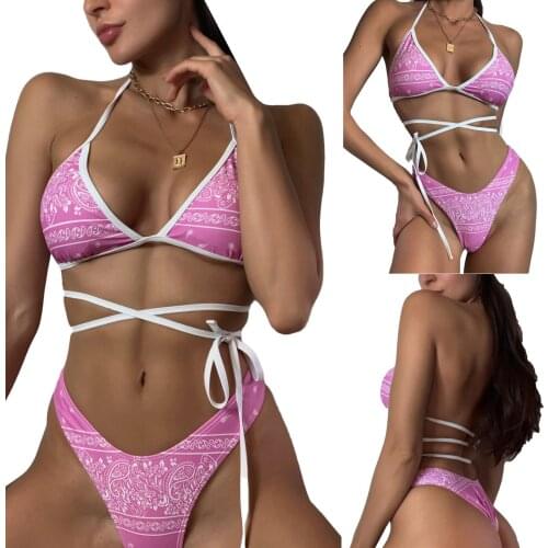 Two Piece Floral Print Halter Swimwear Women Halter Bikini Briefs Strap High Waist Design Swimming Clothing