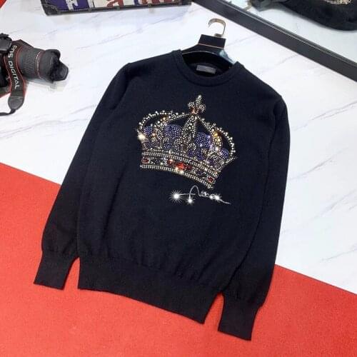 Crown British Style Pure Color Pullover Knitted Nens Round Neck Long Sleeve Casual Shiny Diamond Black White