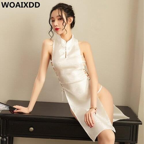Qipao Women Chinese Traditional Dress Sexy Lingerie Bandage Temptation Clothing China Style Side Slit Hollow Out Cheongsam Qipao