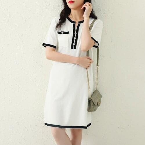 Temperament summer dress women contrast color buttons pockets knitted dresses korean elegant mini vestidos mujer high quality