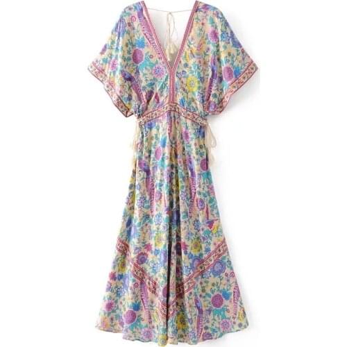 Boho Chic Ladies Dresses V Neck Beach Frocks Floral Vintage Dress Midi Elegant Bohemian Tunic Dress Women Summer 2019 AA4754