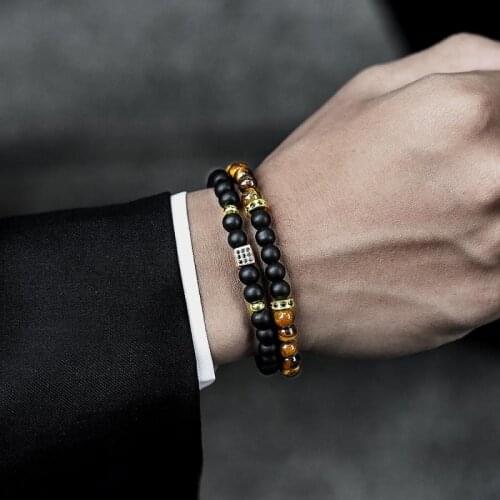 2 Pcs/ Set Classic Cube Charm Men Bracelet Luxury Handmade Matte Tiger Eye Stone Strand Bracelet For Men Jewelry Gift