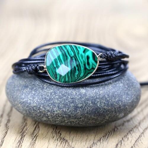 2020 wax Rope Wrap Bracelet Natural Stone Malachite charm vintage Friendship Bracelet Unique Handmade Ethnic jewelry