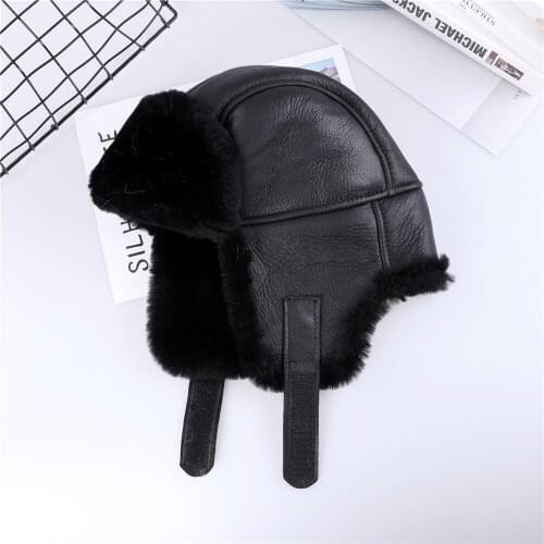 2021 Winter Mens 100% Shearling Wool Bomber Hat Ushanka Cap Labm Fur Trapper Russian Man Ski Hats Real Leather Caps