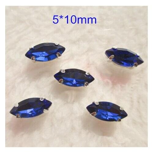 40 pcs Royal Blue Loose Crystal Sew on Bead Button,Blue Glass Faceted Bead in Silver Prong,5*10mm Marquise Sewing Beads