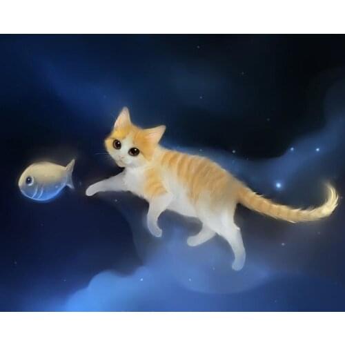 DIY 5D Mosaic Cute Cat Catching Fish Handmade Diamond Painting Cross Stitch Kit Embroidery Square/round Rhinestone Home Decor