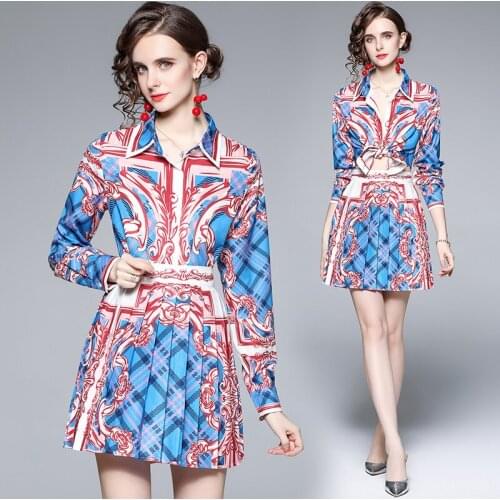 Dropshipping Spring Summer Fall 2pcs Women Casual Set Vintage Print Collar Long Sleeve Top Shirt Blouse Skirt Suits Outfits