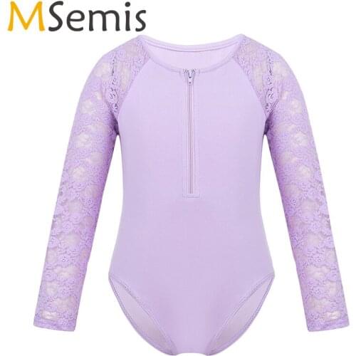 Ballerina Gymnastics Leotard For Girls Ballet Dance Costume Floral Lace Long Sleeves Round Neck Zip-Front Closure Jumpsuit Kids