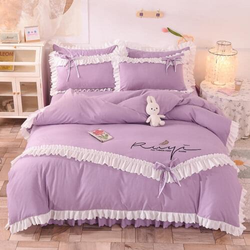 4Pcs Princess style Embroidered pleated lace bedding sets queen king size duvet cover set bed skirt set pillowcase bedclothes