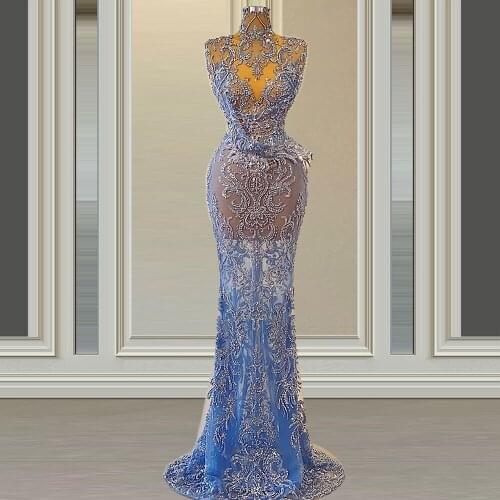 Lace Illusion Mermaid Evening Dress High Neck Beaded Off the Shoulder Arabic Long Robe vestido de festa Prom Gows for Party