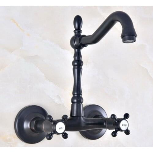 Black Oil Rubbed Antique Brass Bathroom Kitchen Sink Basin Faucet Mixer Tap Swivel Spout Wall Mounted Dual Cross Handles mnf457