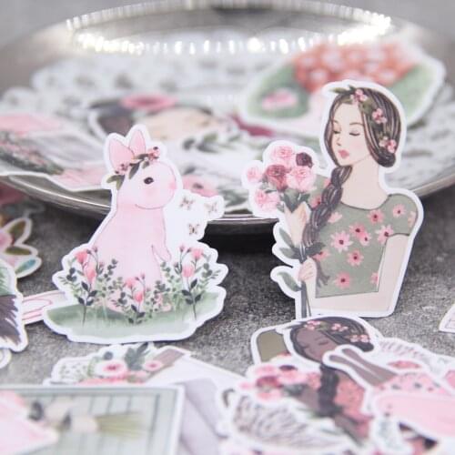 49pcs Watercolor Waterproof Girlish Flower Animal Rural Countryside Journaling Sticker for Girl Gift Laptop Computer Sticker