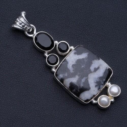 Natural Pinolith Jasper, Black Onyx and River Pearl 925 Sterling Silver Pendant 2 1/4" P0553