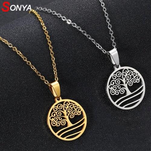SONYA New Fashion Gold Color Tree Of Life Pendant Necklace Stainless Steel Round Necklace For Women Jewelry GIfts Drop Shipping