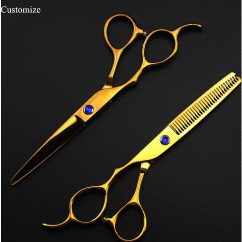Customize logo Japan 440c Left hand 6 inch gold cut hair scissors cutting barber haircut thinning shears Hairdresser scissors