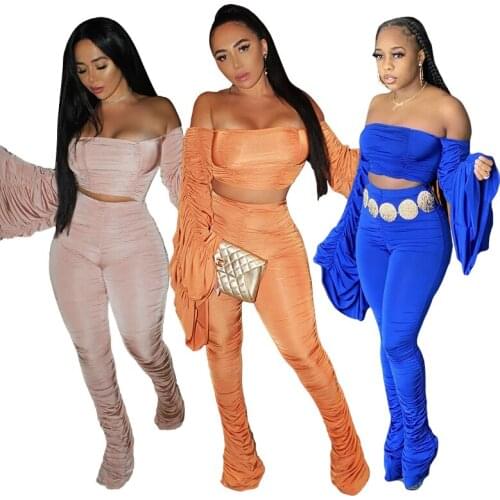 Autumn new casual womens clothing Pleated bell-bottom two-piece high-elastic suit Plus size long-sleeved trouser suit