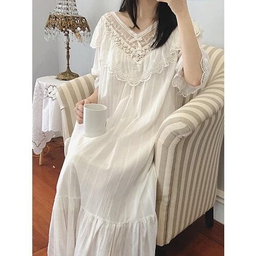 Vintage Womens White Lace Cotton Long Nightgowns Summer Sleepwear Female Home Elegant Long Night Dress