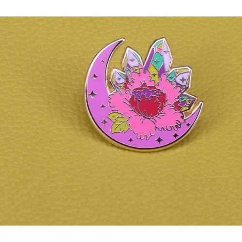 Cute crystal cluster pin - glitering moon brooch -flower badge - magical enamel pin - gifts for her - quartz crystals lapel pin