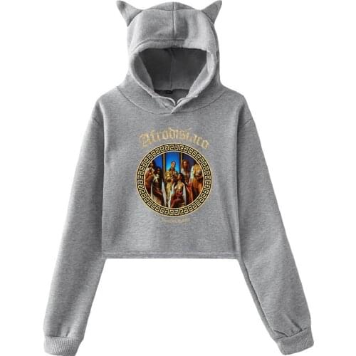 Rauw Alejandro Printed Cat Cropped Hoodies Women Long Sleeve Hooded Pullover Crop Tops Hot Sale Casual Streetwear Clothes