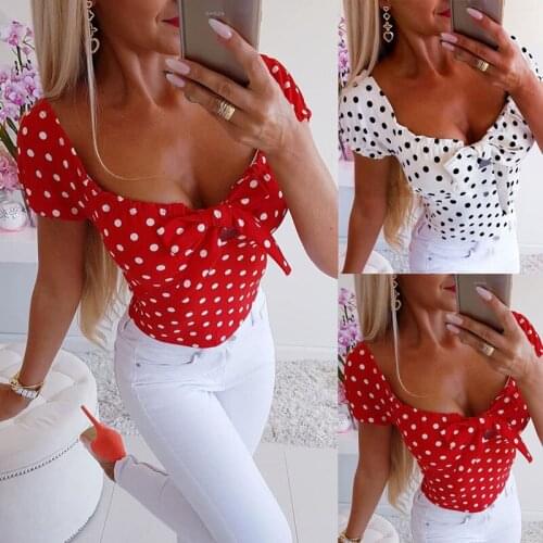 Women Blouse Newest Hot Fashion Polka Dot Print Female Casual Summer Short Sleeve Sexy Lady O-Neck Bow Clothing