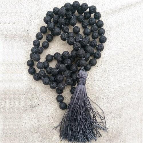 Traditional Hand Knotted Necklace Collier Femme 8mm Black Lava Stone Grey Tassel Mala Necklace 108 Bead Meditation Yoga Jewelry
