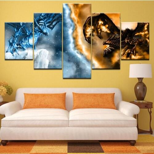 Abstract Posters Fire dragon HD Print Canvas Paintings Fantasy Scene Knight Fighting Dragon Wall Art Bedroom Home Decor Pictures