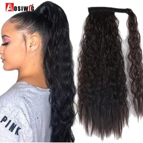 AOSIWIG Synthetic Natural Long Kinky Curly Ponytail Wrap Around Hair Tail Extension Black Brown Fluffy Hair Pieces for Women