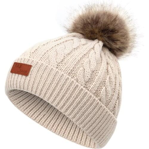 Baby Girls Winter Hat with Fur Ball Boy Knitted Caps Pompon Warm Newborn Beanie Protect Ear Cap for Kids Children 1-5 Years Old