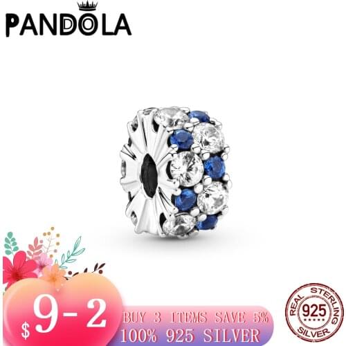 Hot 2021 New 925 Sterling Silver Clear & Blue Sparkling Clip Charm Beads Fit Original Pandora Bracelet Fine Silver Jewelry Gift