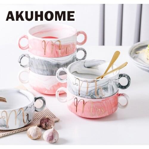 Ceramics Bowl with Handle Household Tableware Soup Salad Rice Bowl Marble Grain Western-style Restaurant Originality Bowl