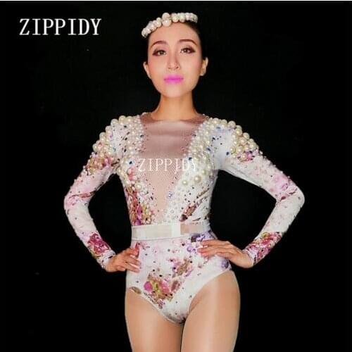 Fashion New Flowers Big Pearls Bodysuit Birthday Celebrate outfit Stretch Sexy Leotard Stage Performance Costume