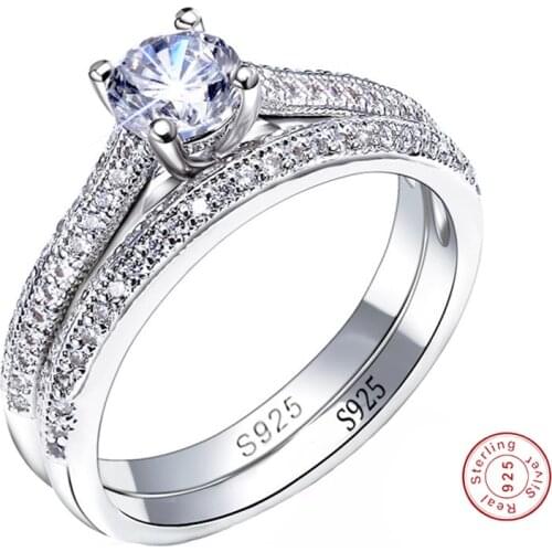 Fine Jewelry 100% Original 925 Sterling Silver Rings Set for Women Cubic Zircon Engagement Wedding Rings Set Gift