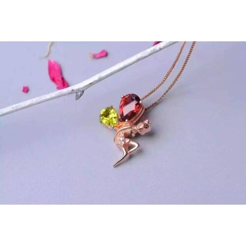 Natural Multicol peridot stone pendant S925 silver Natural garnet Pendant Necklace trendy Elegant angel women party fine jewelry
