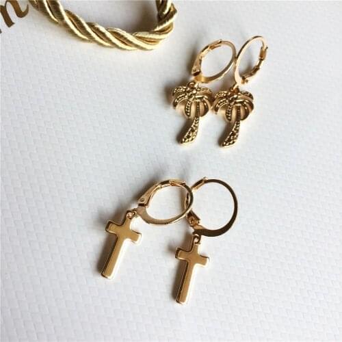 Lovely Gold Color Plating Small Cross Palm Tree Charm Hoop Earrings For Women Girl Sweet Delicate Casual Tiny Jewelry Accessory