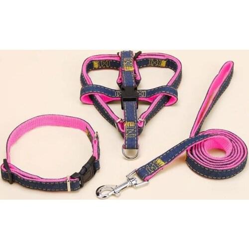 Small Dog Cat Harness Leash Adjustable Vest Collar Puppy Outdoor Walking Chihuahua Denim Rope Chest Straps Collar Set Harnesses