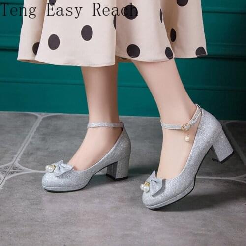 Sweet Princess Lolita Shoes for Girls Cute Bow Pink Gold Silver Women Pumps Ankle Straps Luxury Party Wedding Shoes Women