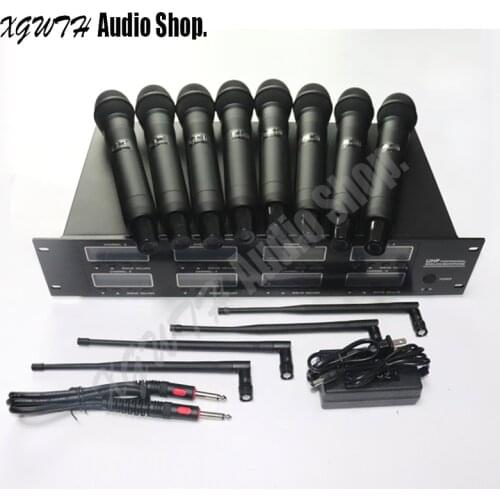 UHF Wireless Microphone System with 8 Handheld Dynamic Cardioid Radio Mic Adjustable Frequency for DJ Stage KTV Karaoke