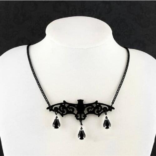 Goth Black Bat Necklace with Black Rhinestones Gothic Pendant Vampire Punk Charm Jewelry Gift Halloween Fashion Man Women New