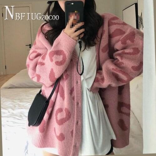 Leopard Knitting Women Cardigan Autumn New Lazy Style V Neck Female Sweaters