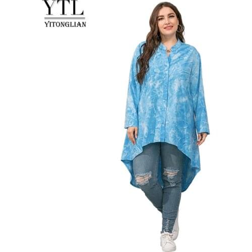 Yitonglian Womens Solid T-Shirt Loose Irregular Fashion Tied-Dyed Autumn And Winter Plus Size Casual Long Blouse Shirt