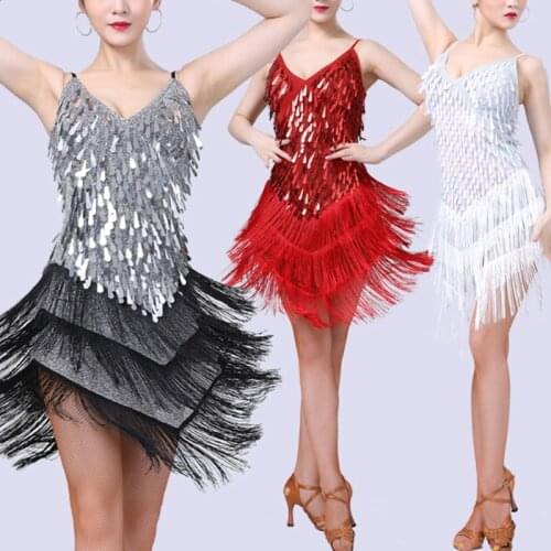 Sequin Suspender Skirt Tassel Sleeveless Latin Dance Dresses Samba Rumba Suit