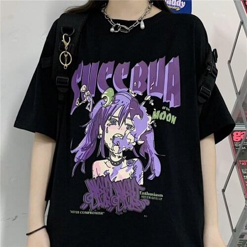 Japanese Anime Cartoon Print Women T-Shirt Loose Short Sleeve Streetwear Harajuku Black Top Punk Y2K Dark Vintage Cotton Clothes
