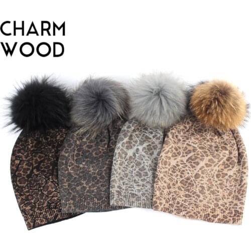 Womens Leopard Beanie Hat Winter Knitted Cashmere Slouchy Beanies Hats with Raccoon Fur Pompom for Femme Balavaca Skullies