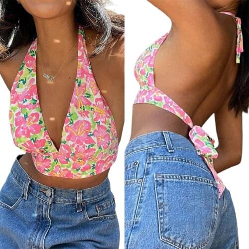Floral Print Backless Halter Camisole Womens Crop Tank Tops Sexy Deep V Neck Sleeveless Camis