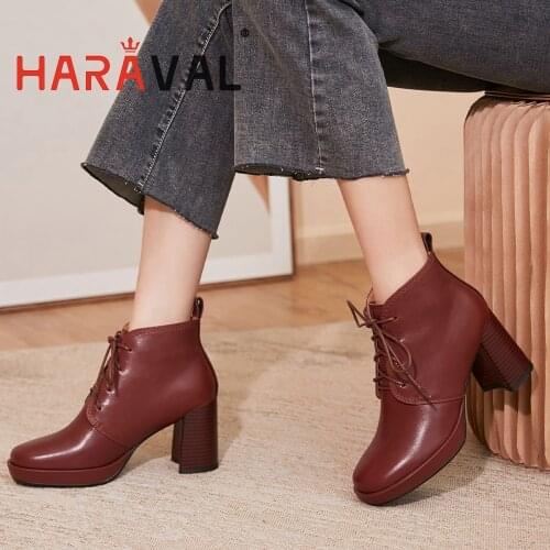 HARAVAL Women Ankle Boots Shoes High Heels Round Toe Lace Up Black Red Motorcycle Boot Women Cross-Tied Adult Shoes Lady E431L