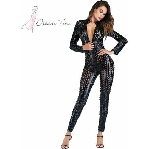 Wetlook Catsuit Faux Leather Jumpsuit for Women Long Sleeve Hollow Out Bondage Bodysuit Erotic Costume PU Leather Club Jumpsuit