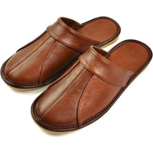 100% Cow Leather Handmade Men Home Slippers 2020 New Spring Slip On Soft Comfortable Black Brown Genuine Leather House Shoes