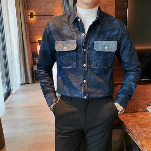 2021 Autumn Denim Shirt Men Long Sleeve Loose Harajuku Hip Hop Shirts Big Pocket Streetwear Social Casual Shirt Men Clothing