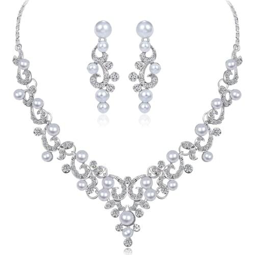 3pcs/set Necklace Earrings Fashion Alloy Rhinestone Faux Pearl Necklace Earrings for Women Girls Gift Bride Jewelry Sets