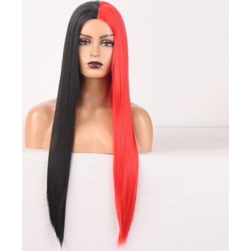 Glueless Synthetic Wigs with Full Bangs Silky Straight Two Tone Color Heat Heaistant Fiber Hair Half Red &Black Cosplay Wig